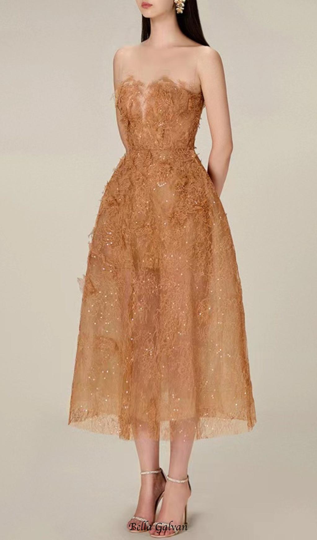 Flowering Girl Women CARAMEL FLORAL LACE EMBROIDER MIDI DRESS