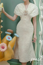 Flowering Girl Women Venus Champagne Stitched High-Waisted Fishtail Midi Dress