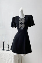 vanessa bow puff sleeve mini dress in black
