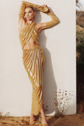 Flowering Girl Women Gold Ruched Leather Midi Dress