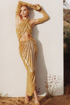 Flowering Girl Women Gold Ruched Leather Midi Dress