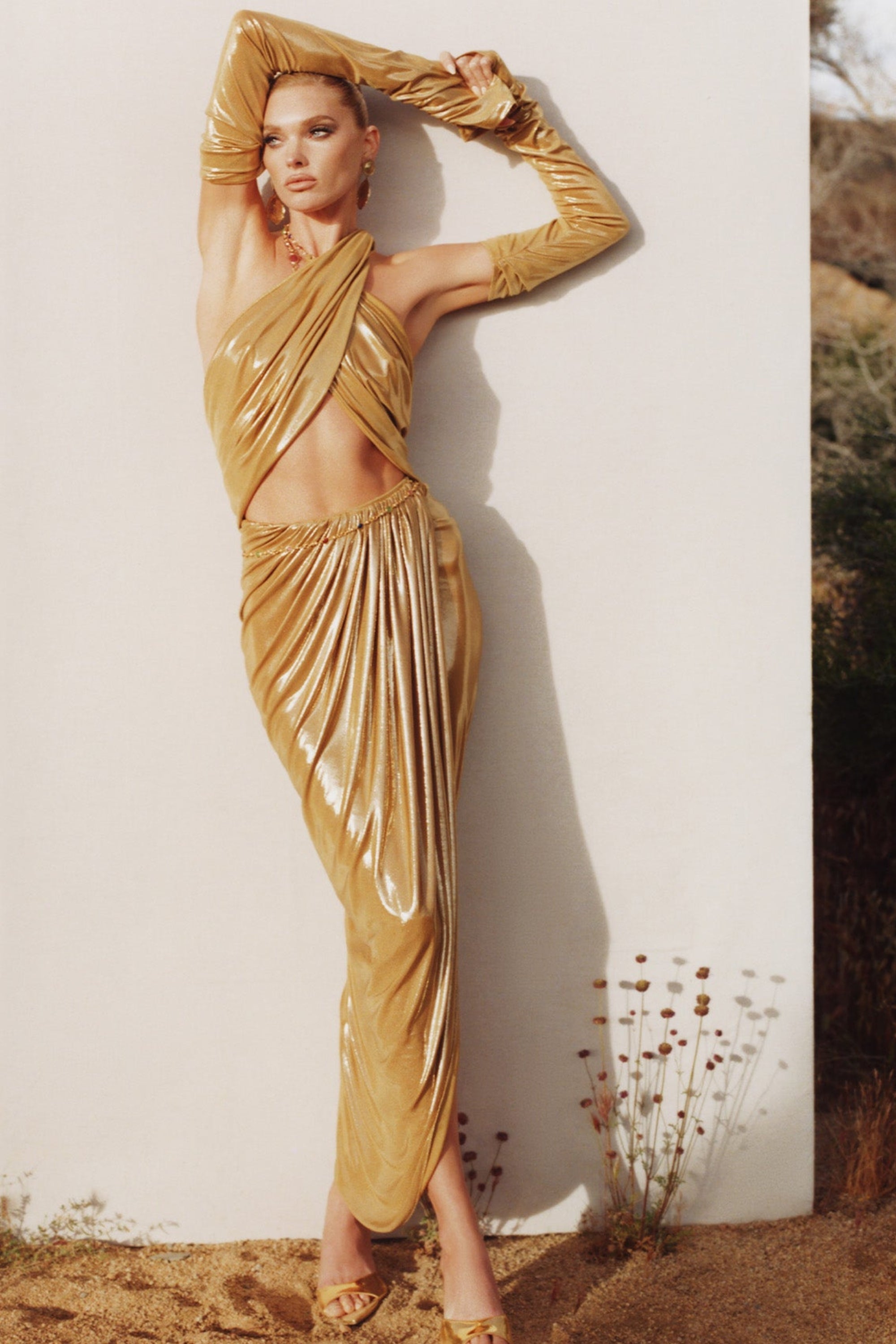 Flowering Girl Women Gold Ruched Leather Midi Dress