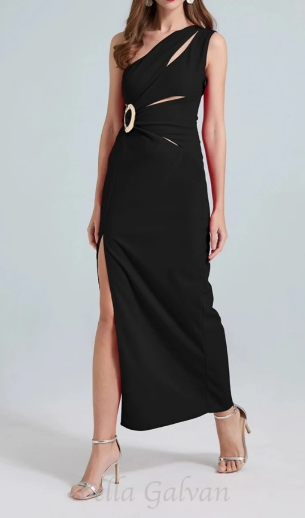Flowering Girl Women one-shoulder cutout side slit maxi dress in black