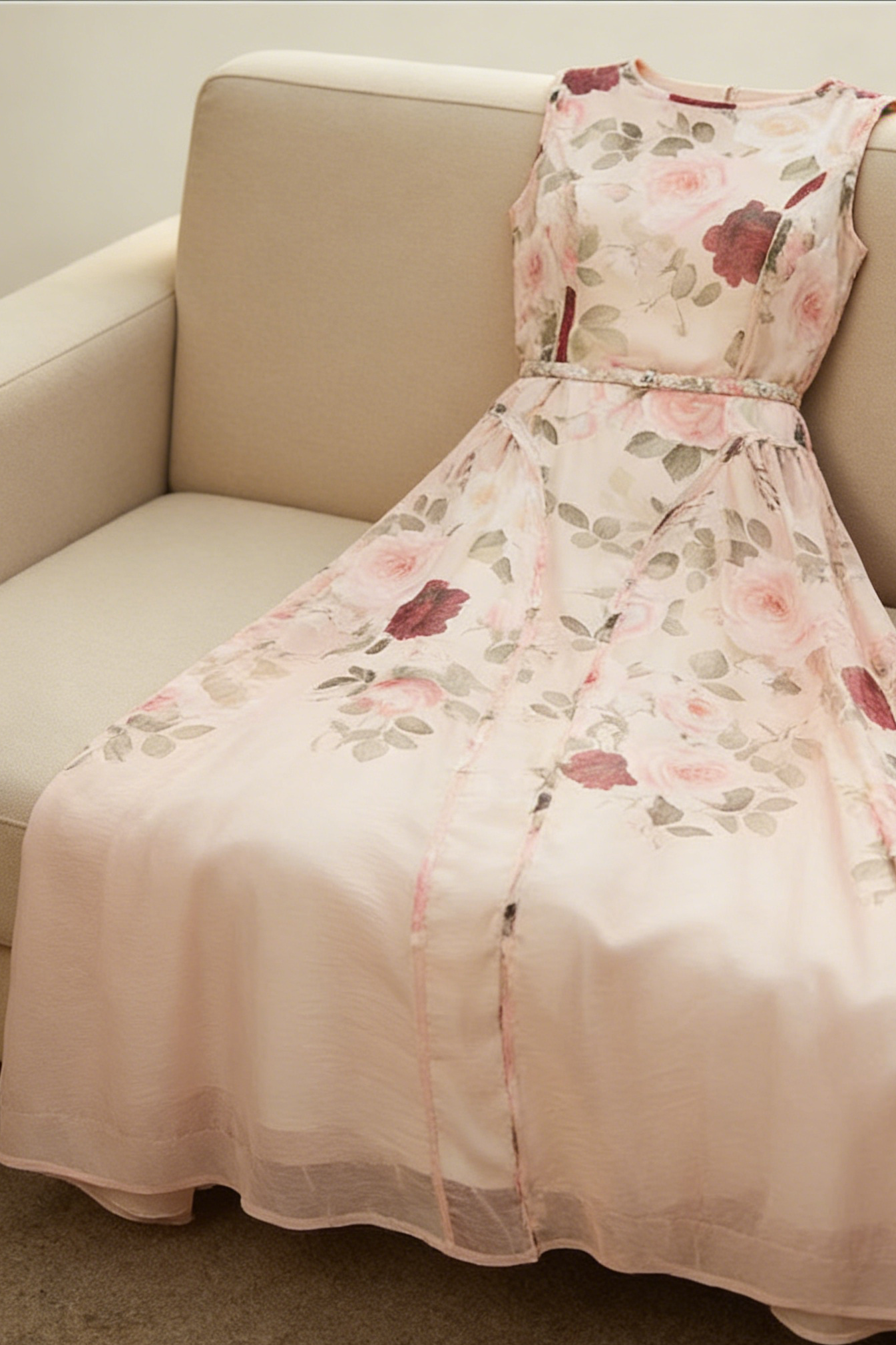 Sleeveless Rose Print Mesh Maxi Dress