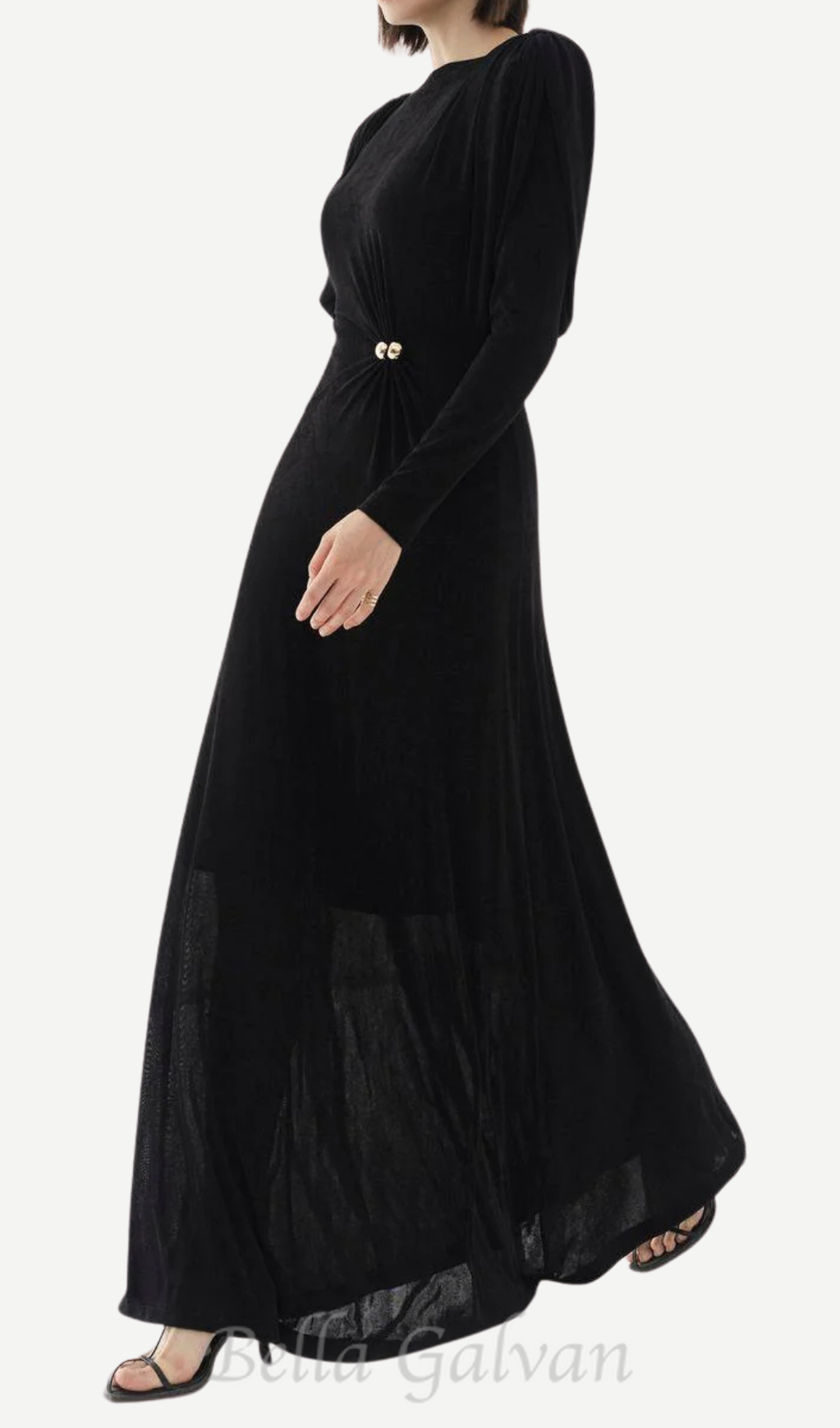 Flowering Girl Women black straight boat neck knitted fabric maxi dress