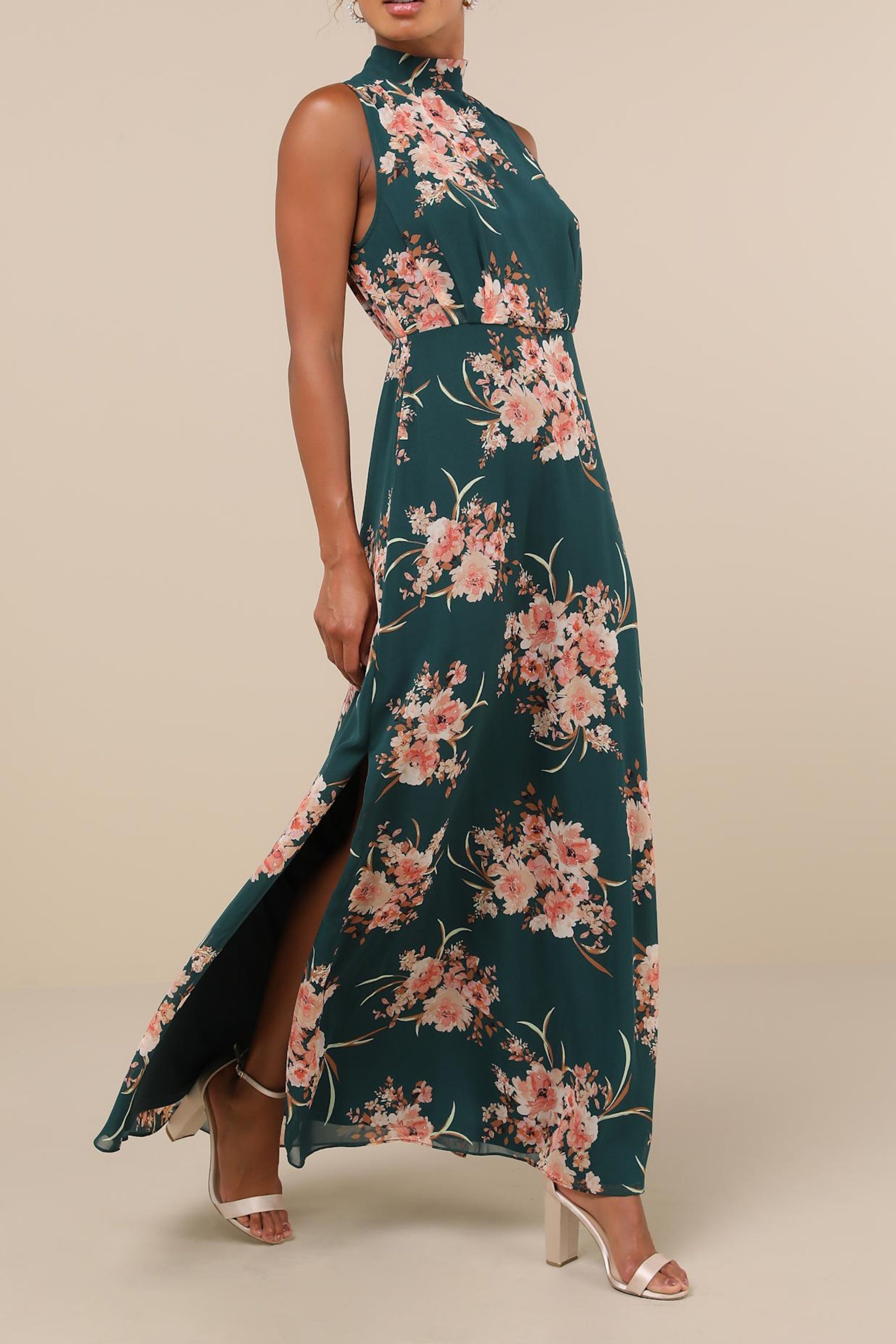 Flowering Girl Women Emerald Floral Mock Neck Maxi Dress