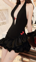 Flowering Girl Women v-neckline ruffle trim mini dress in black