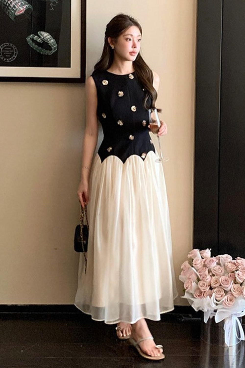 Flowering Girl Women Stereoscopic Flower sleeveless mesh midi dress