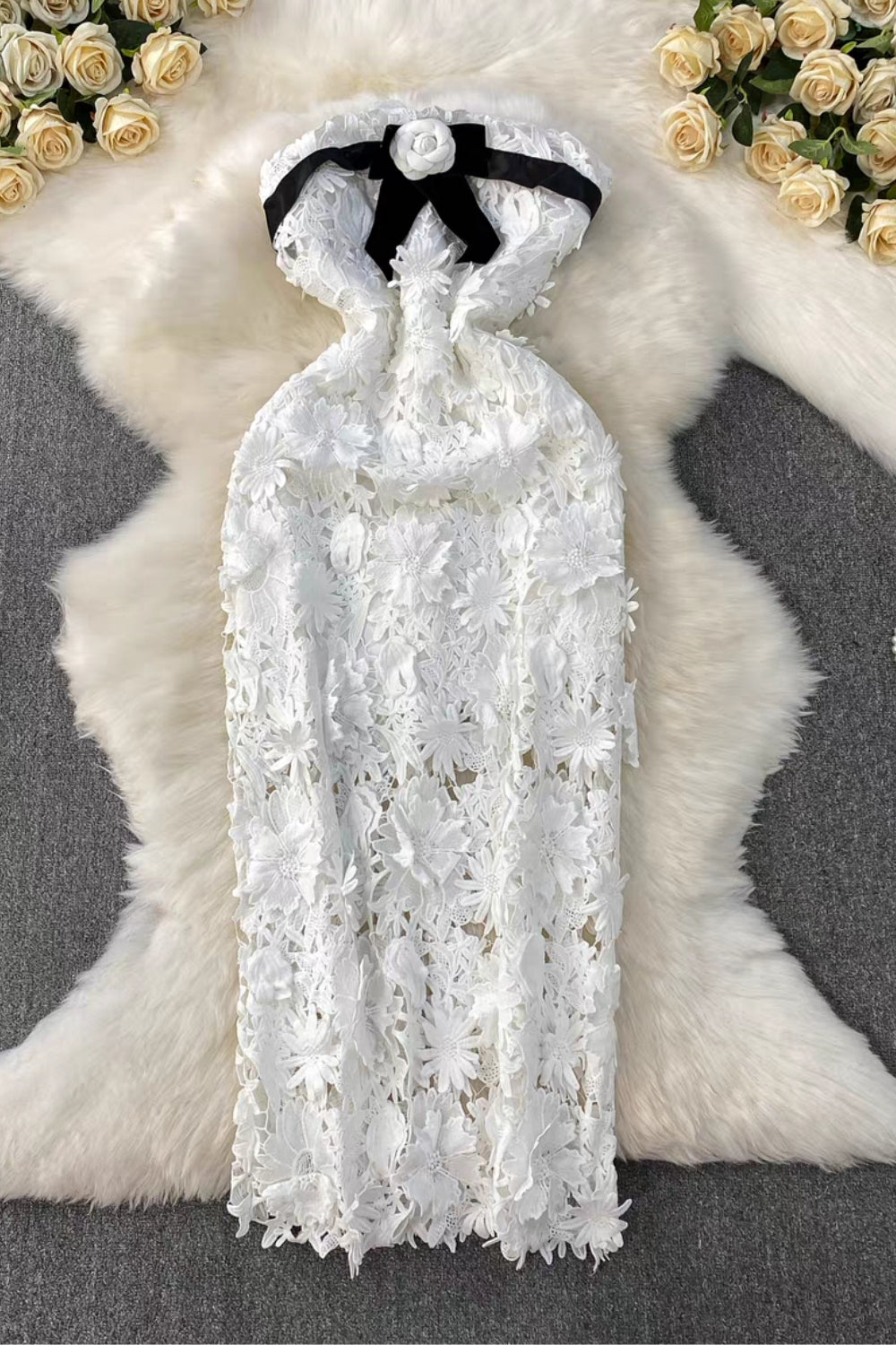 Strapless Flower Embroidery Maxi Dress In White