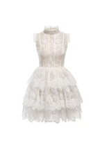 Sleeveless Stand Collar Lace Tutu mini dress in white