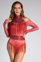 Flowering Girl Women Lillelis Halter Rhinestone Fringe Mesh Bodysuit