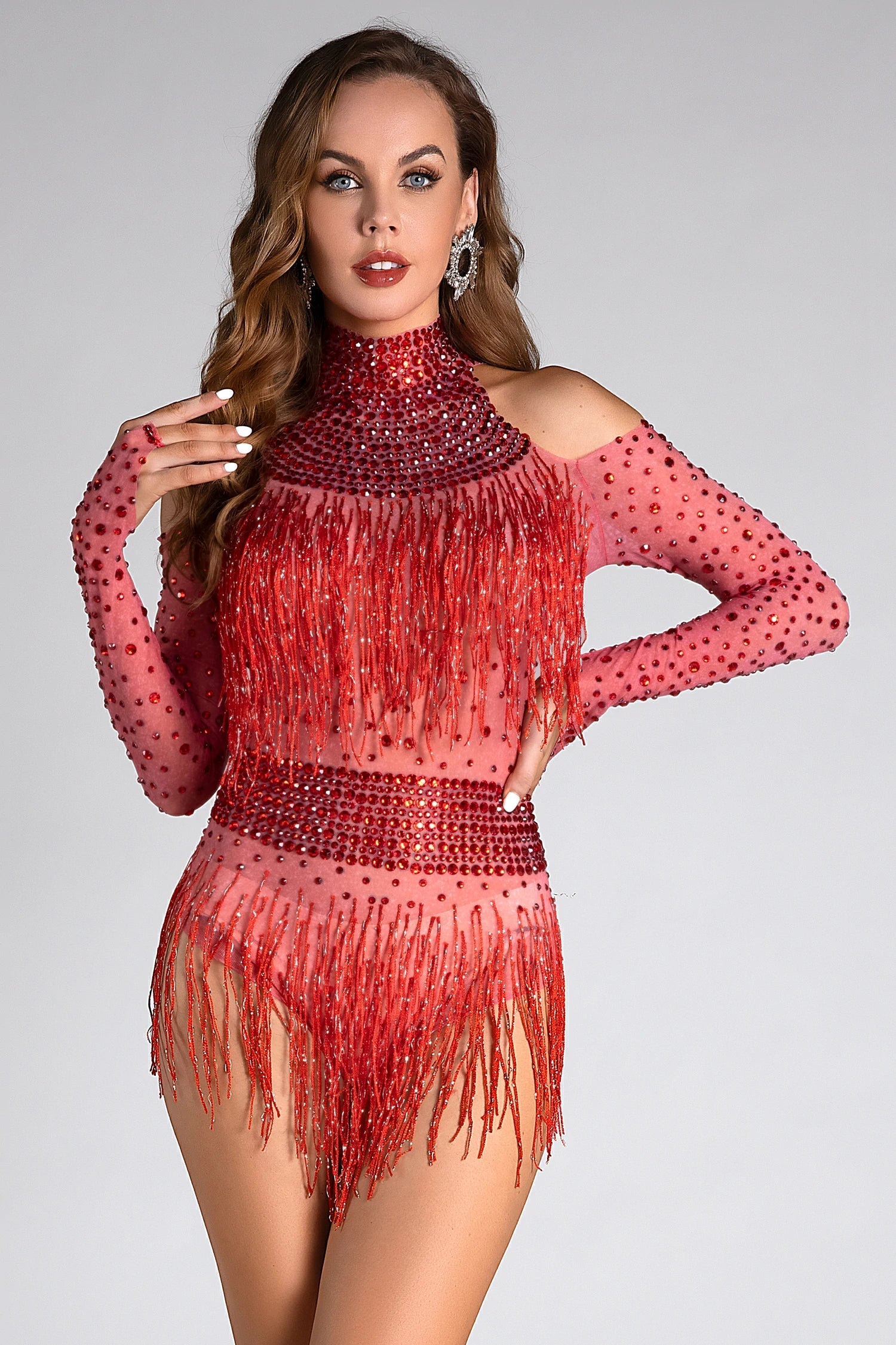 Flowering Girl Women Lillelis Halter Rhinestone Fringe Mesh Bodysuit