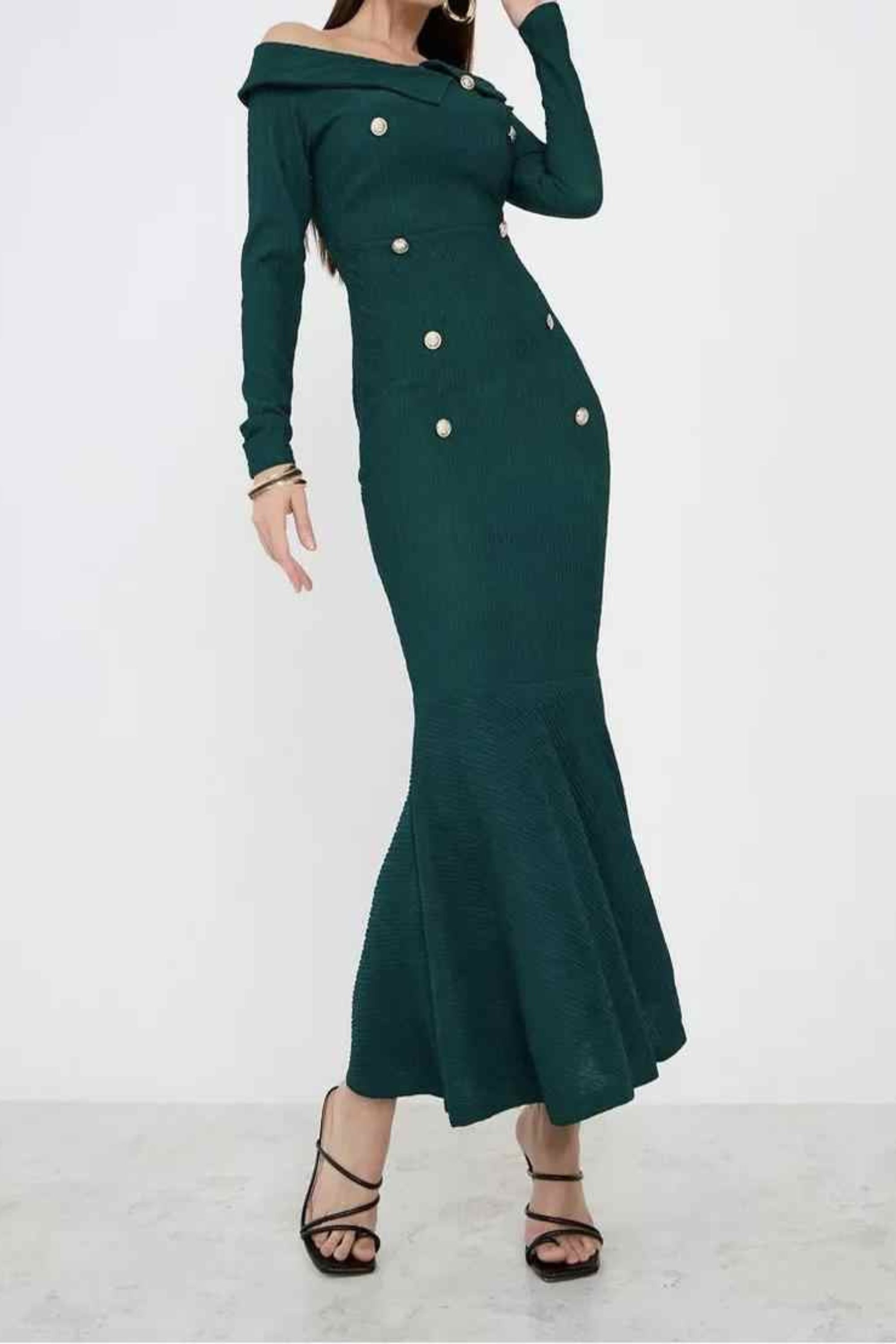 Flowering Girl Women Mermaid Long Sleeve Maxi Dress In Green