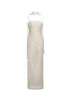Raizel Gold Beaded Sequin Bodycon Gown With Scarf