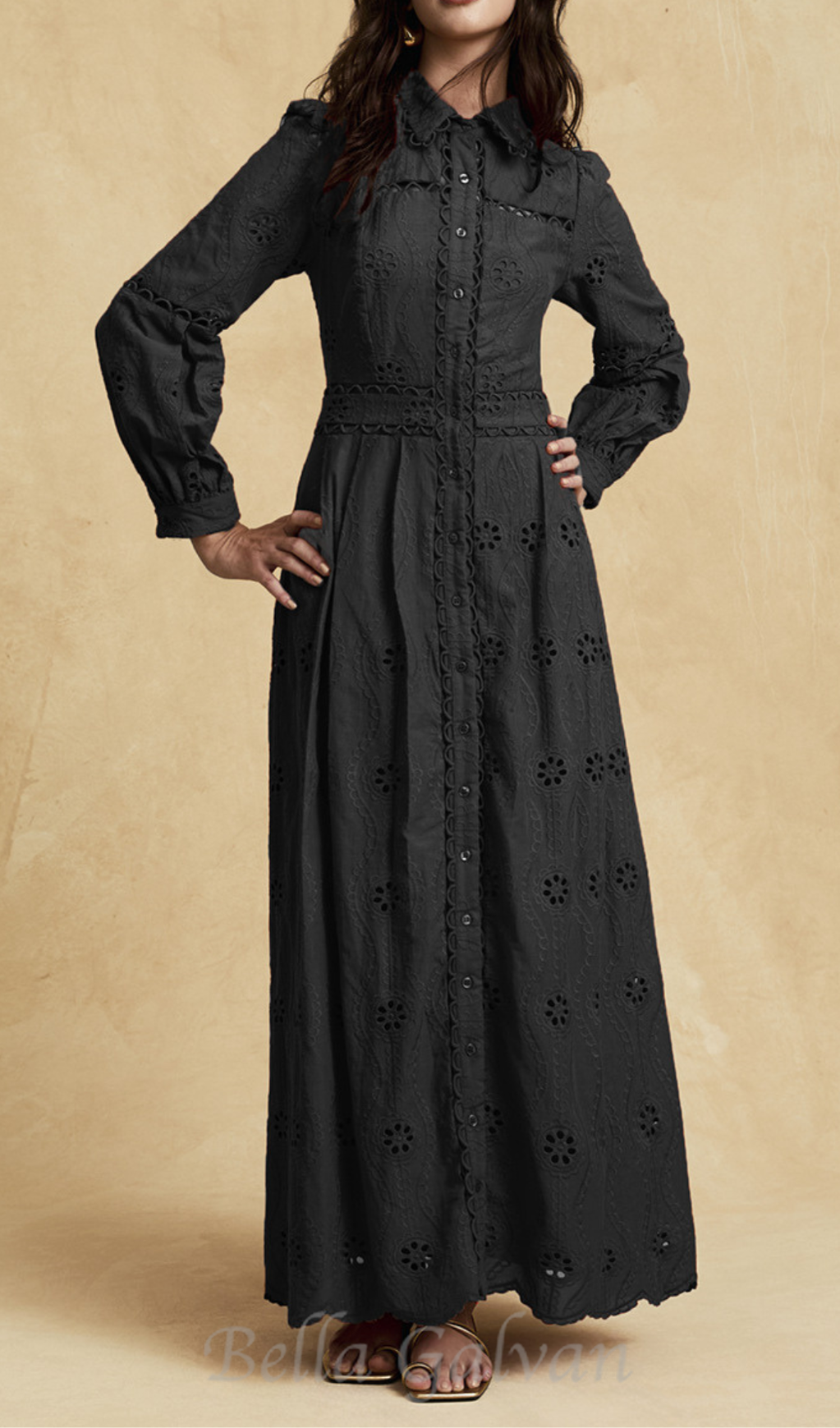 Flowering Girl Women retro single-breasted hollow lace midi dress in black