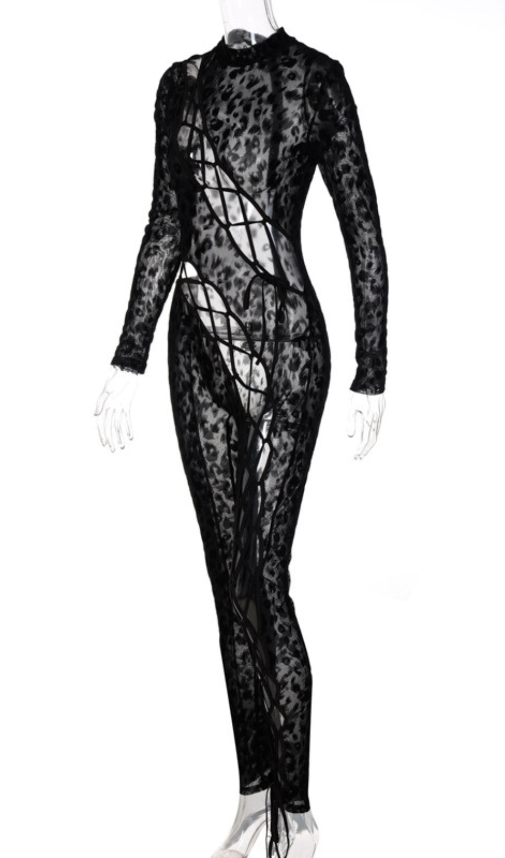 Flowering Girl Women Lace Up Leopard Printed Mesh Jumpsuit