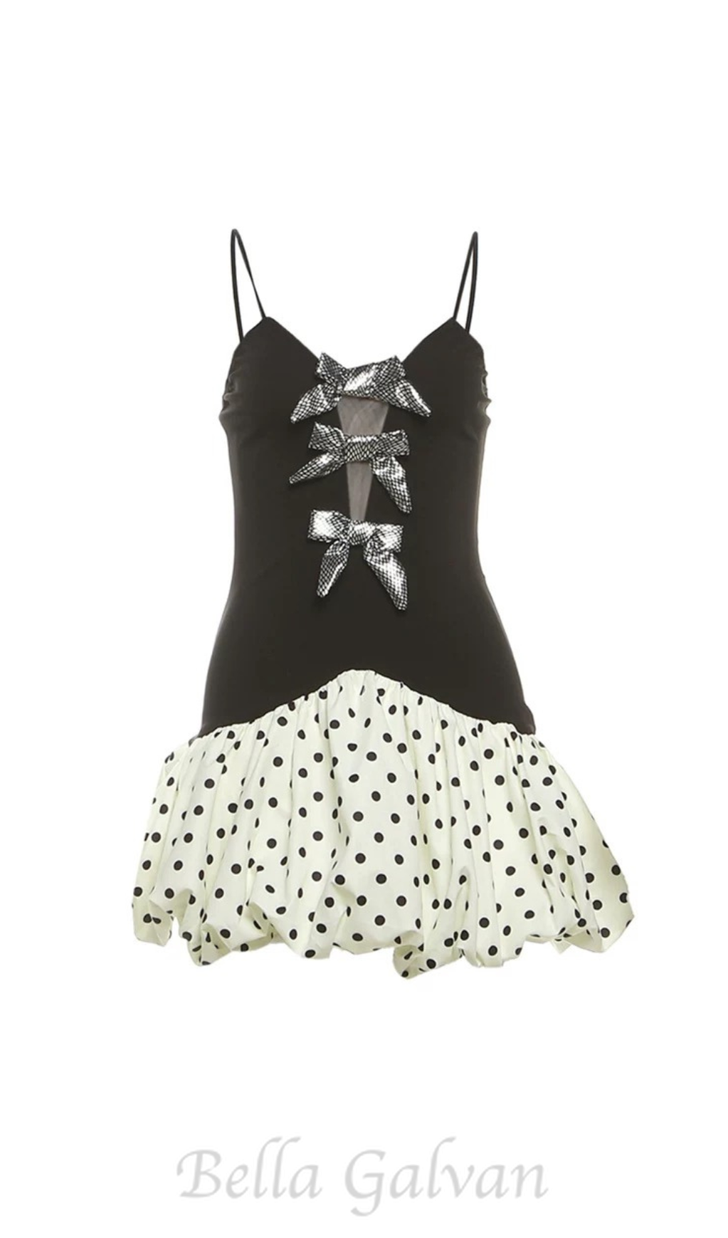 Flowering Girl Women bow polka dot patchwork mini dress in black