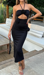 Flowering Girl Women Flower Halter Cut Out Dress in black