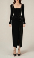 Flowering Girl Women Black Velvet Draped midi Dress