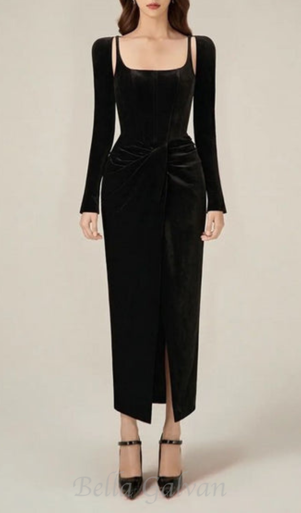 Flowering Girl Women Black Velvet Draped midi Dress