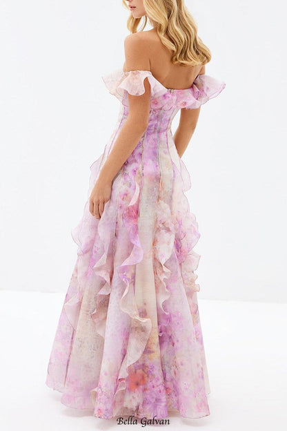 helen Floral Frill Off-Shoulder Maxi Dress in pink