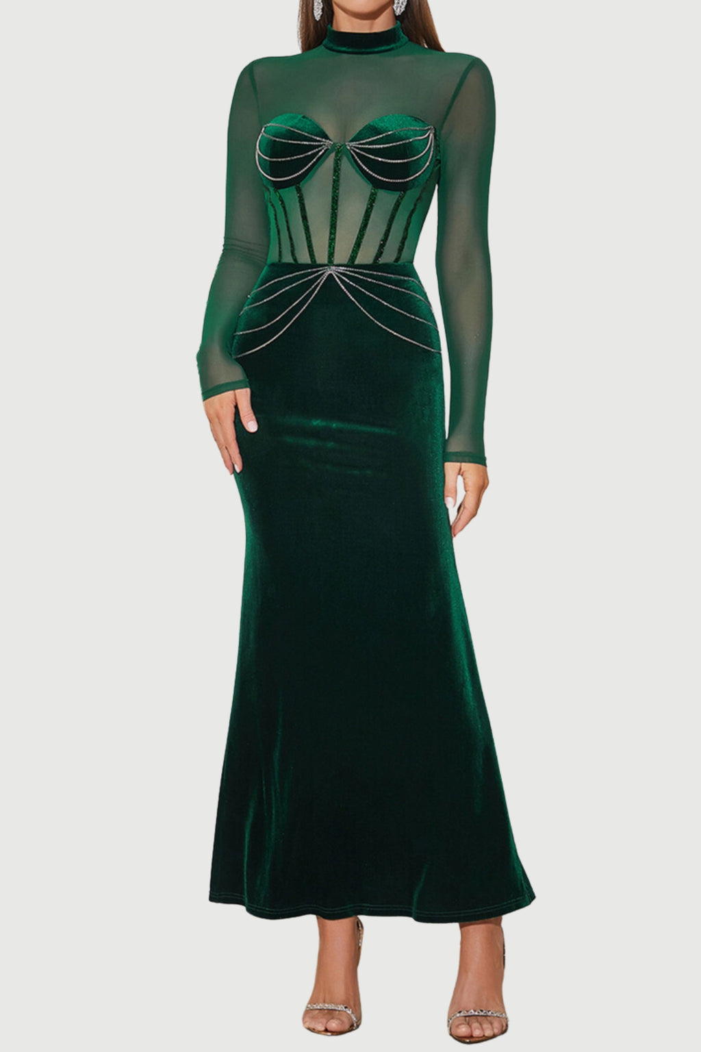 Flowering Girl Women Long Sleeve Bustier Maxi Velvet Dress