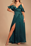 Flowering Girl Women Moriah Emerald Green Satin Wrap Maxi Dress