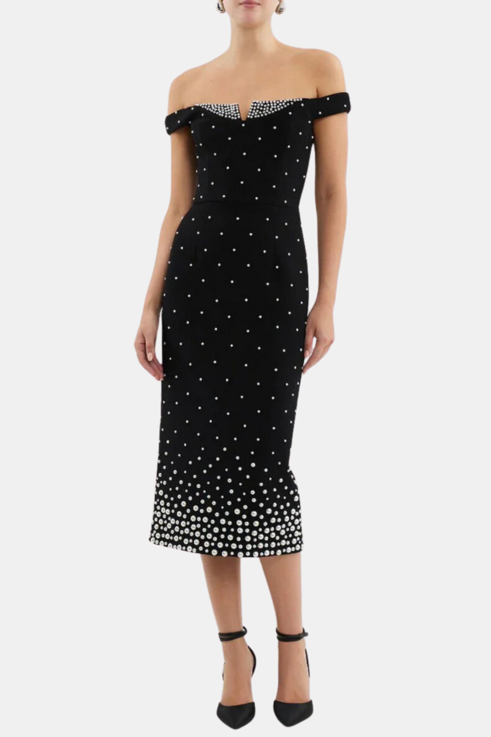 Flowering Girl Women Pearl Polka Dots Embellished Midi Dress In Black