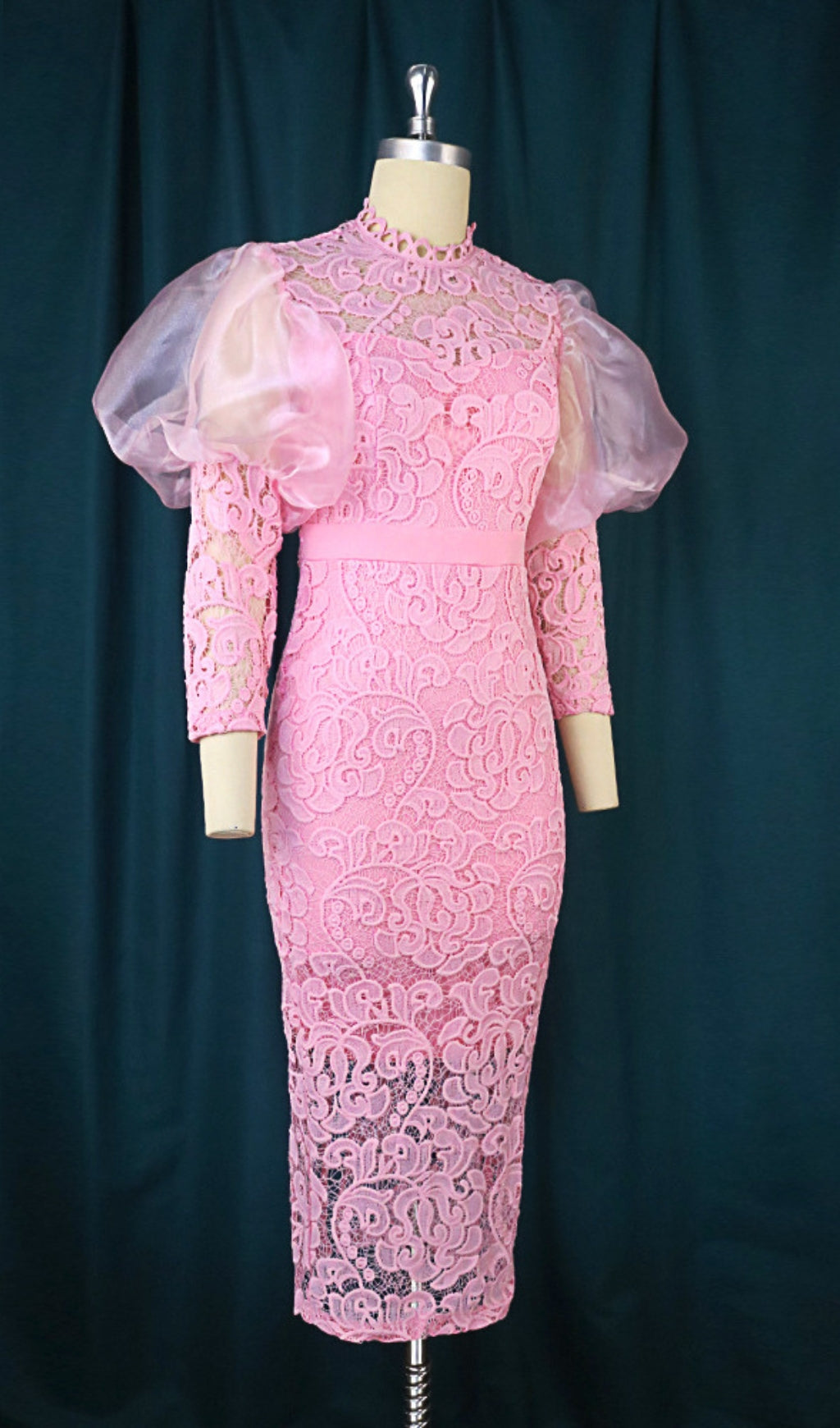 Flowering Girl Women Pink Puff Sleeve Lace Midi Dress