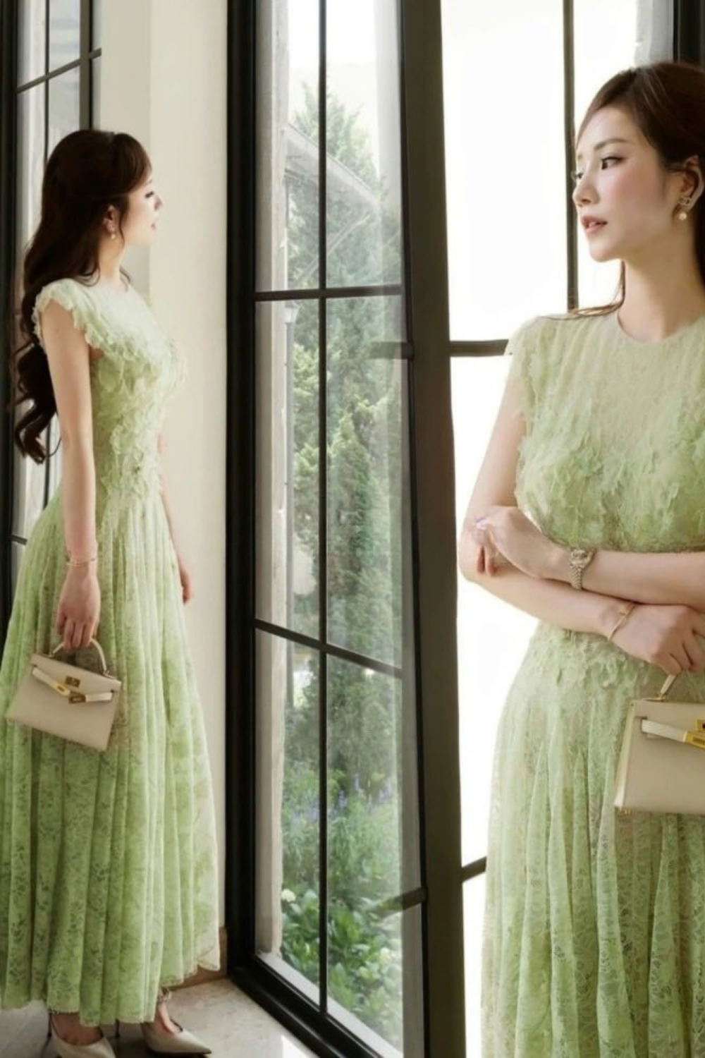 jennifer Lace Flower embellished maxi Dress in green