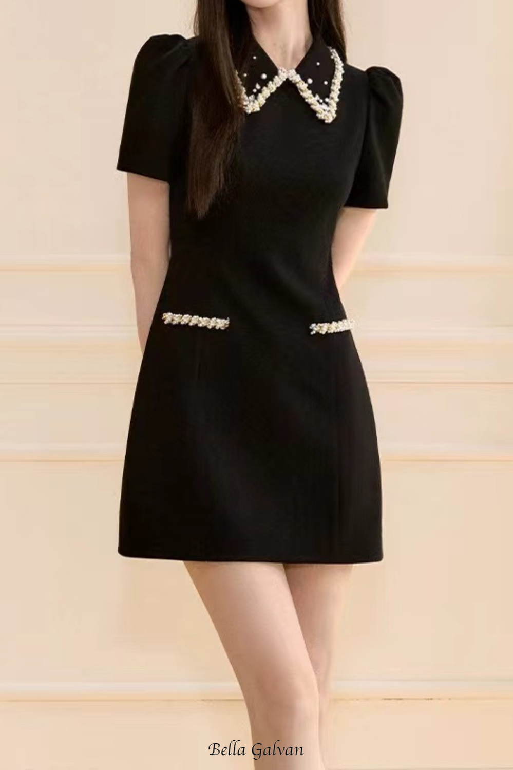 Flowering Girl Women pearl embellished gold chain puff mini dress in black