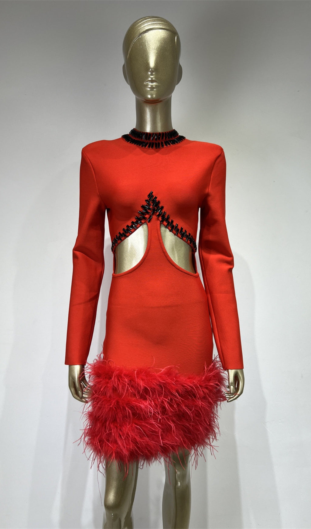 Flowering Girl Women RHINESTONE CUTOUT FEATHER BANDAGE DRESS IN RED