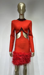 Flowering Girl Women RHINESTONE CUTOUT FEATHER BANDAGE DRESS IN RED