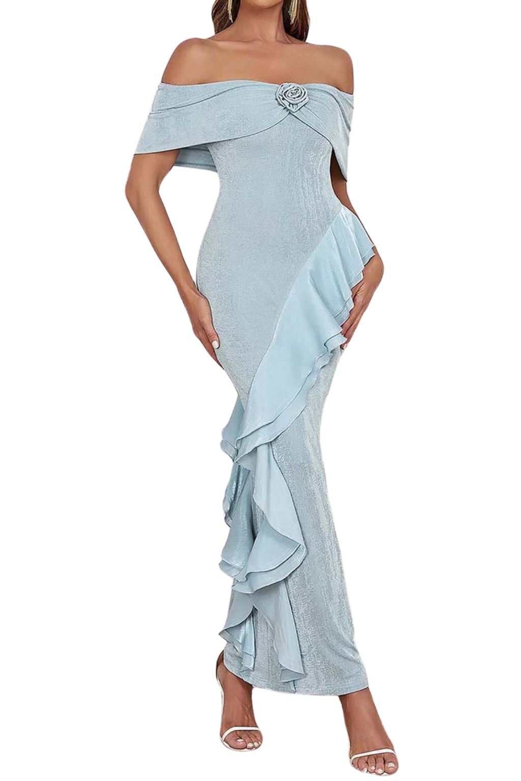 Flowering Girl Women Off Shoulder Ruffled Maxi Dress In Tinged Blue