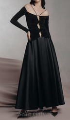 Flowering Girl Women black A-line Cold Shoulder Sleeved Spandex Taffeta Maxi Dress