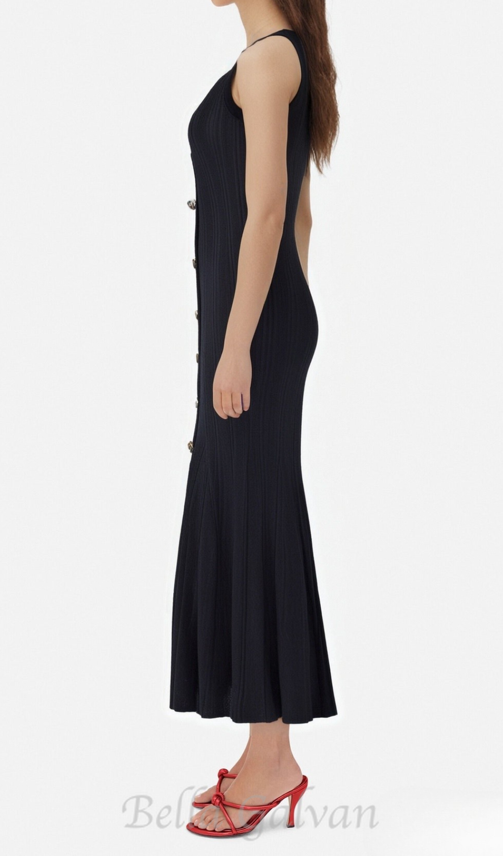 Flowering Girl Women Button-embellished ribbed-knit midi dress in black