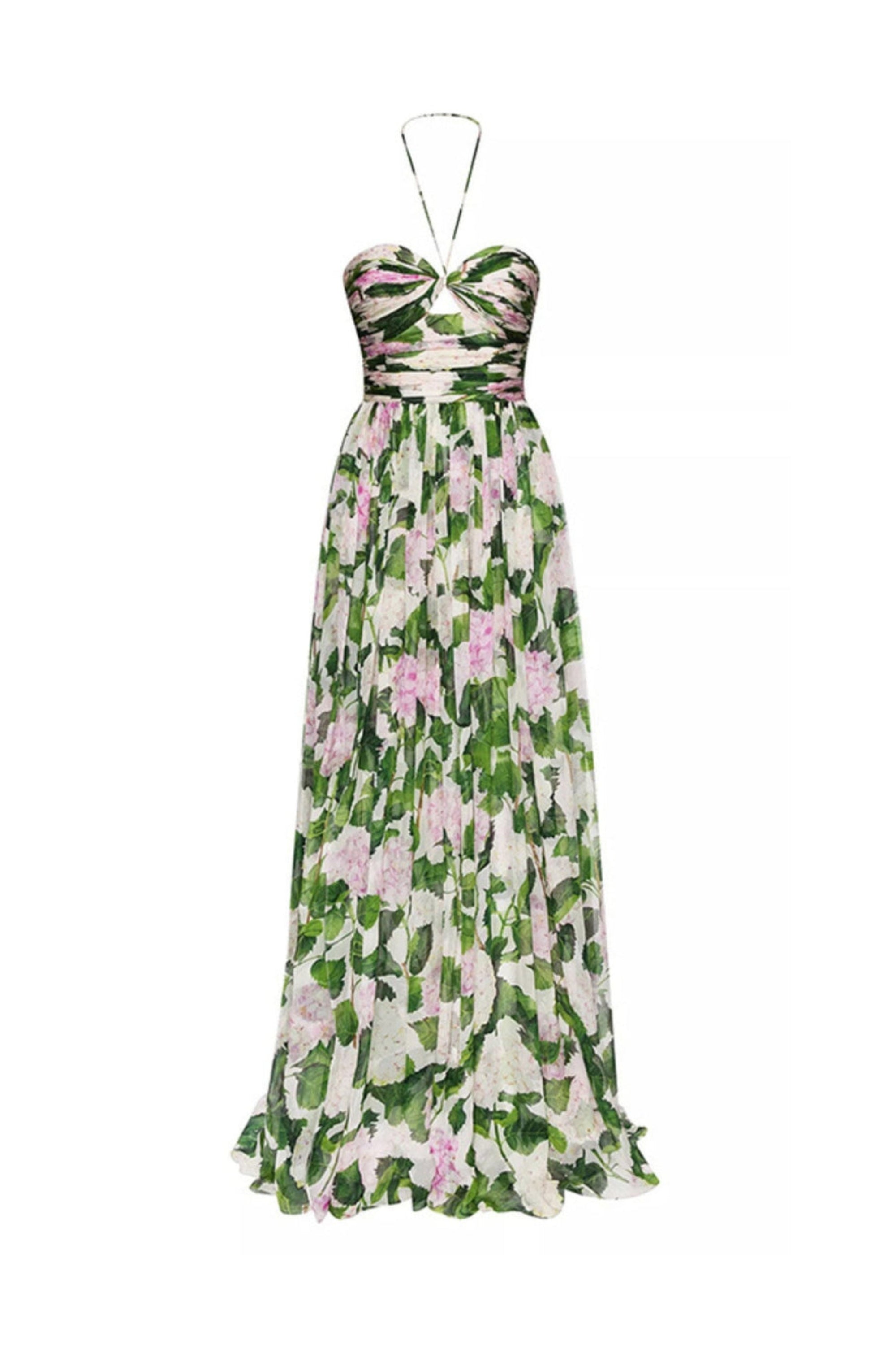 Flowering Girl Women Floral Halterneck Maxi Dress In Green