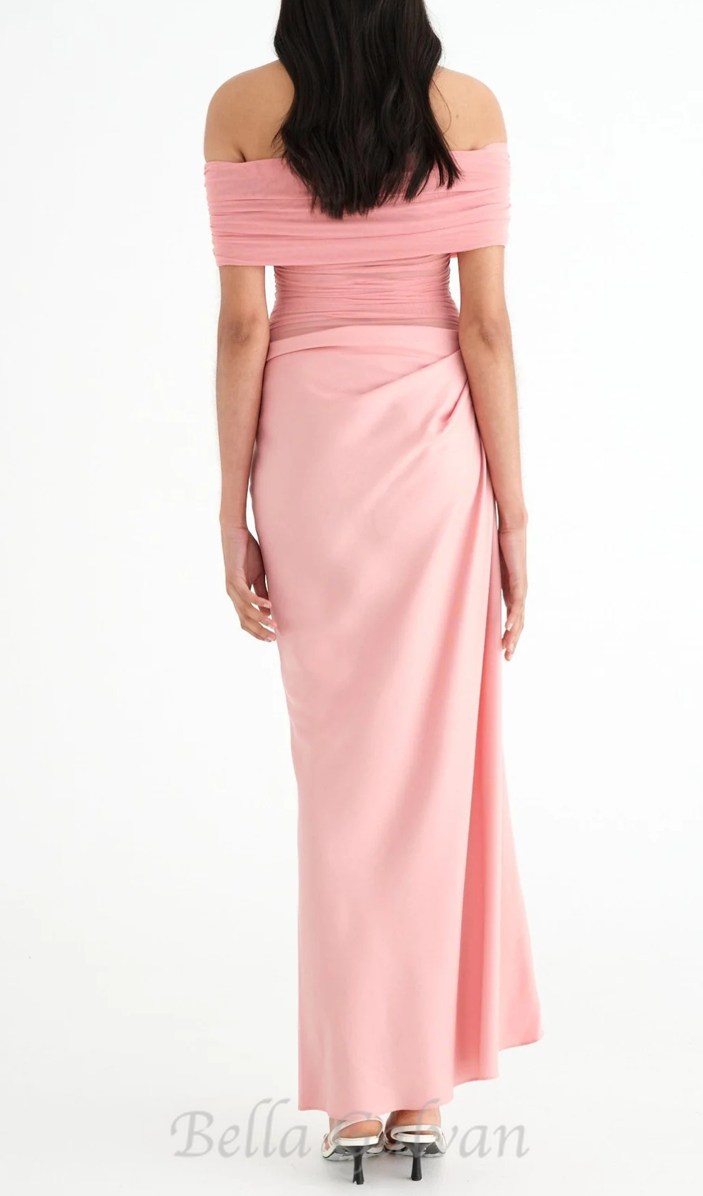 Flowering Girl Women Reanko Off Shoulder Ruched Mesh Maxi Dress in Pink