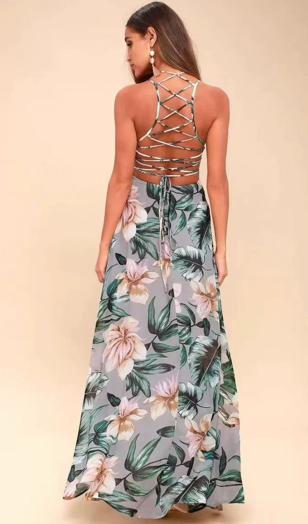 Flowering Girl Women Grey Floral Print Lace-Up Maxi Dress