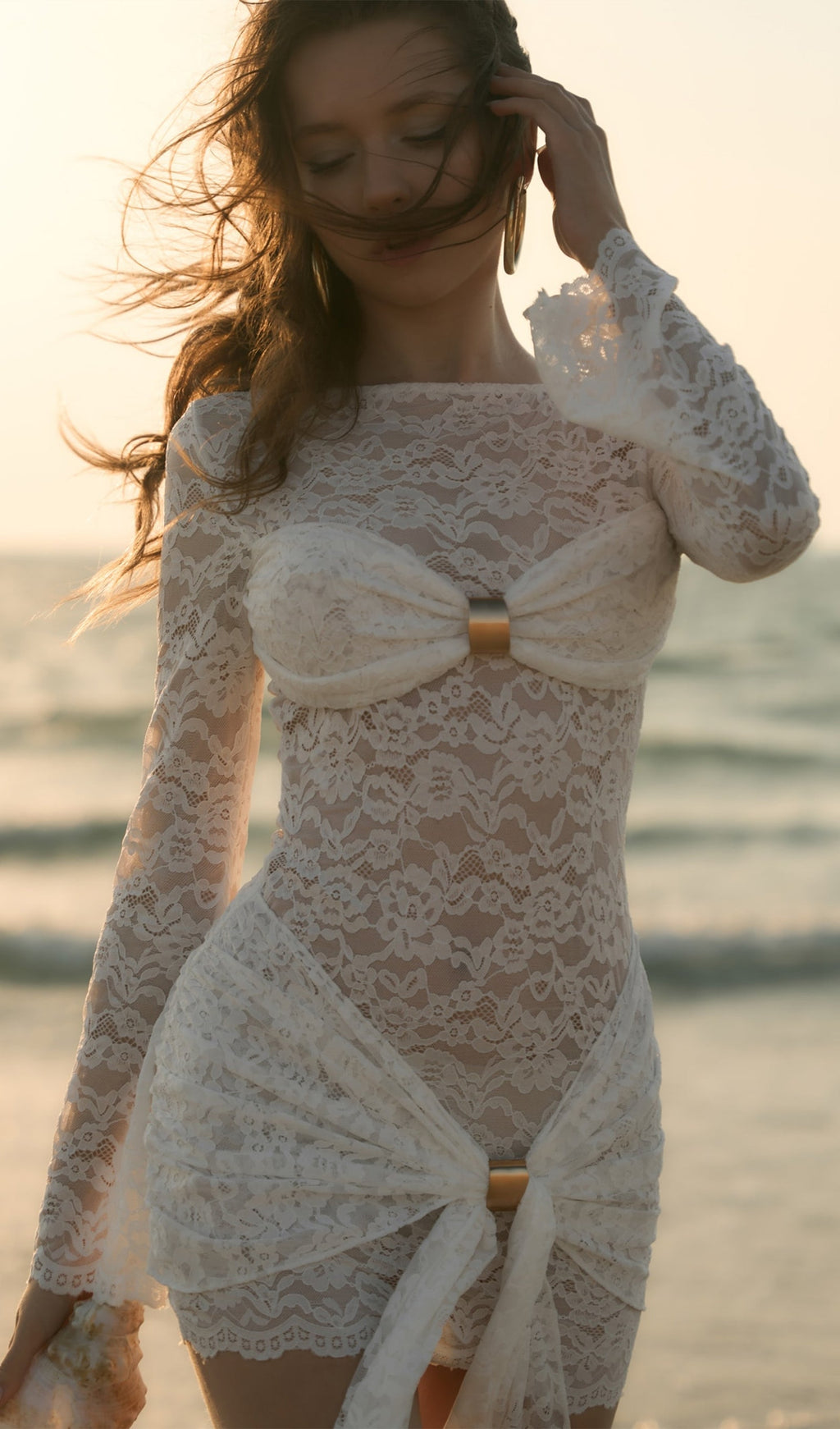 Flowering Girl Women Lace Draped Neckline Mini Dress