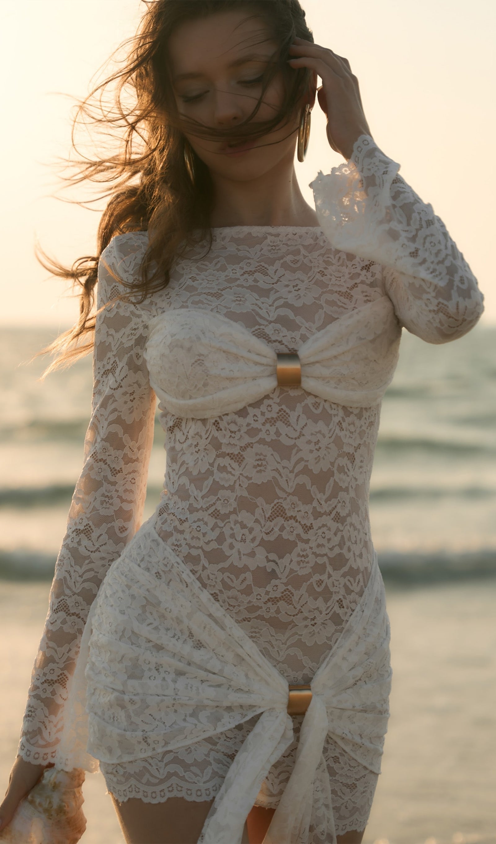 Flowering Girl Women Lace Draped Neckline Mini Dress