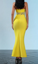 Flowering Girl Women mesh splice rhinestone decor yellow maxi bandage dress