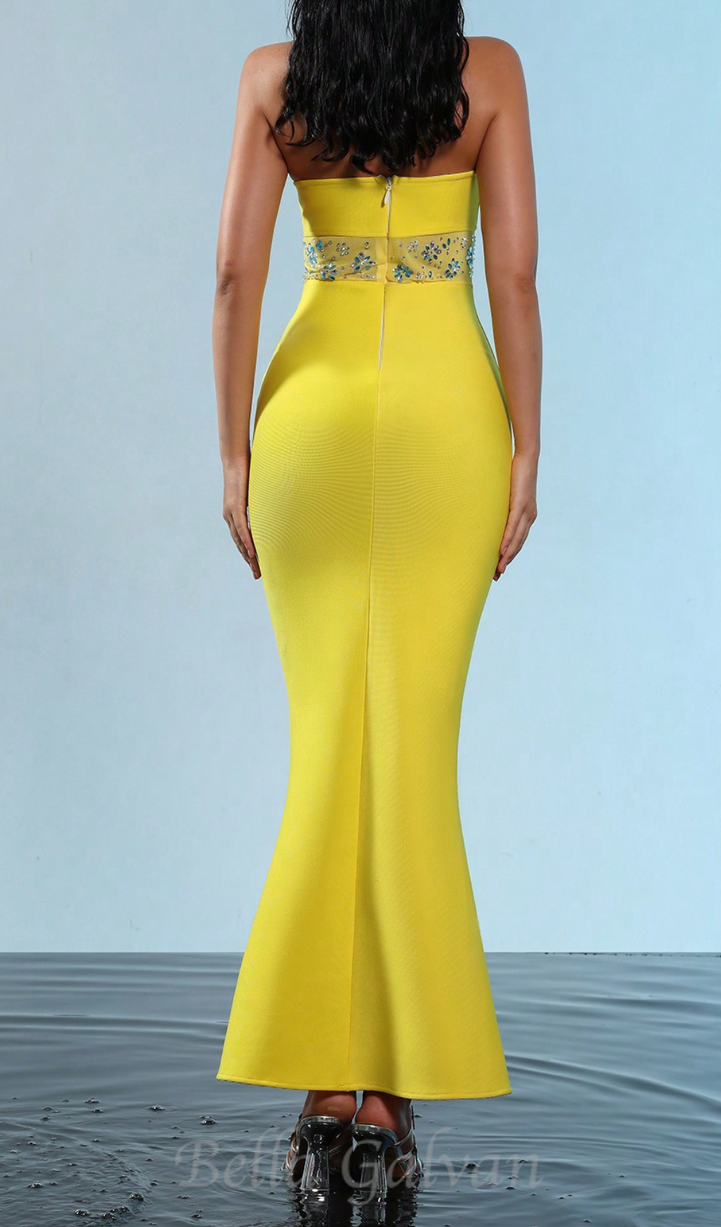 Flowering Girl Women mesh splice rhinestone decor yellow maxi bandage dress