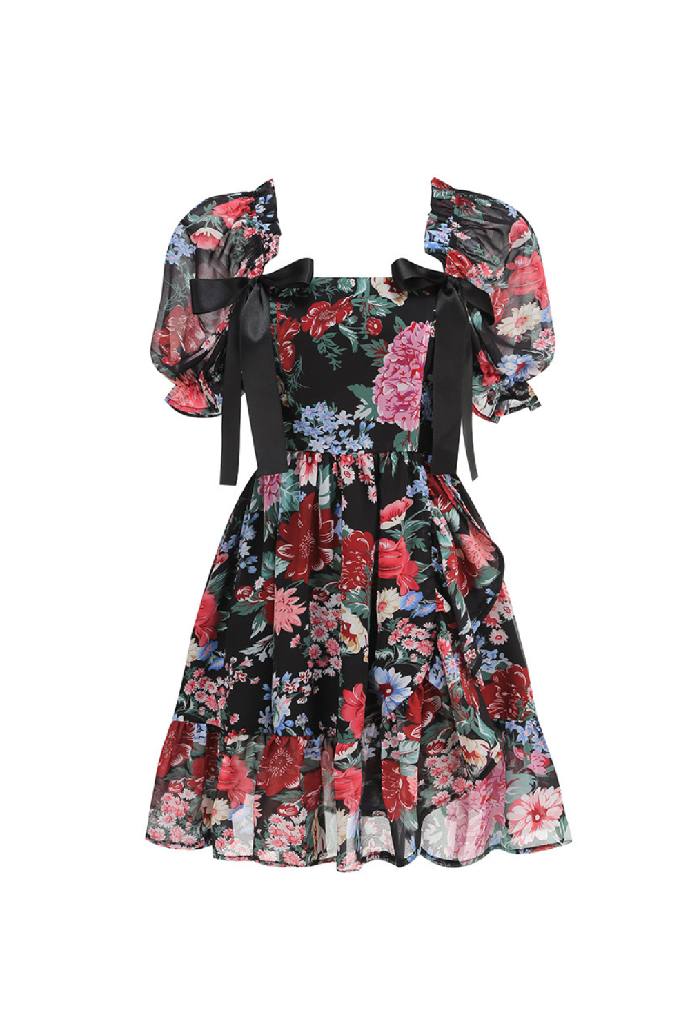 basia floral print ruffle trim hem puff mini dress
