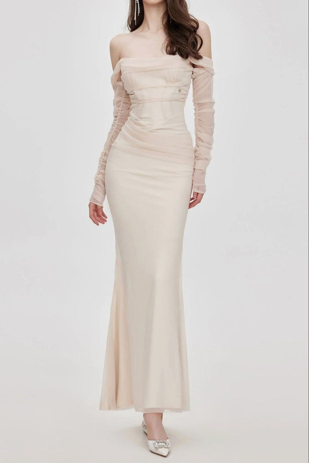 Ariel Apricot Mesh Off-Shoulder Mermaid Maxi Dress