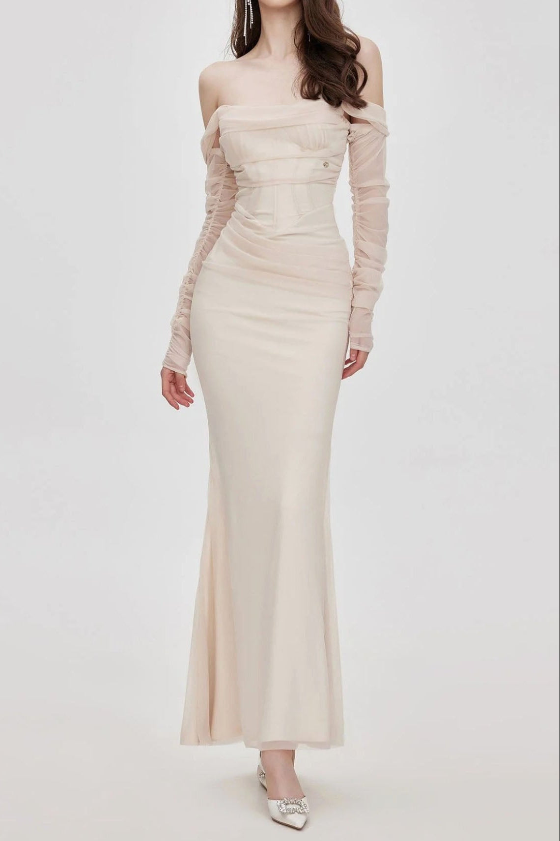 Ariel Apricot Mesh Off-Shoulder Mermaid Maxi Dress