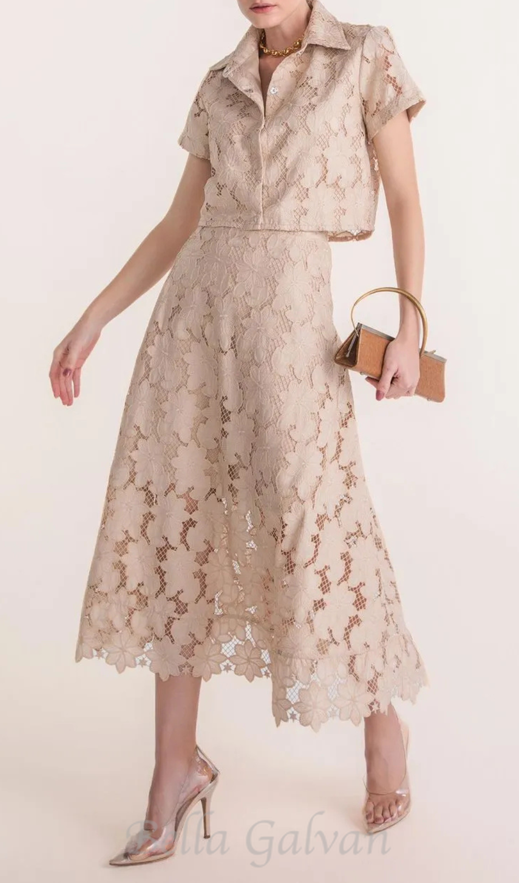 Flowering Girl Women guipure mesh midi skirt cropped set in apricot