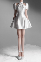 puff sleeve cut out a-line mini dress in apricot