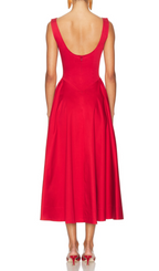 Flowering Girl Women Stretch Cotton Sateen Midi Dress in red