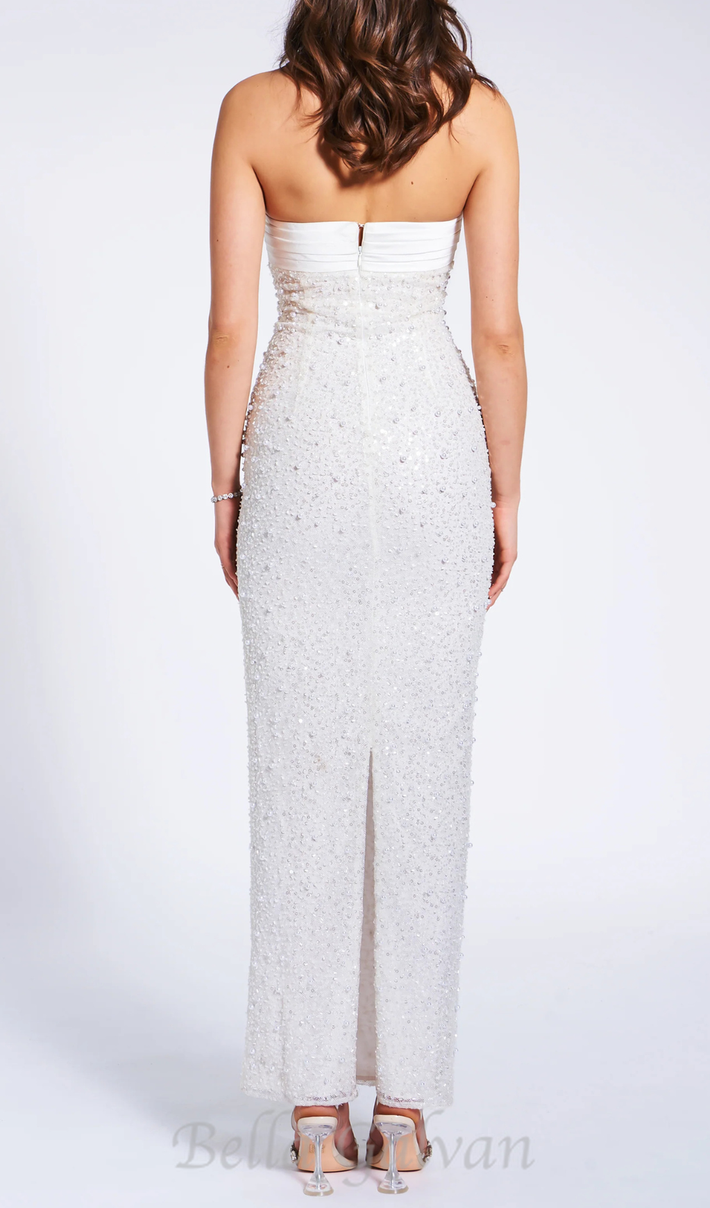 Flowering Girl Women WHITE SATIN SEQUIN PEARLS BEADED MAXI DRESS